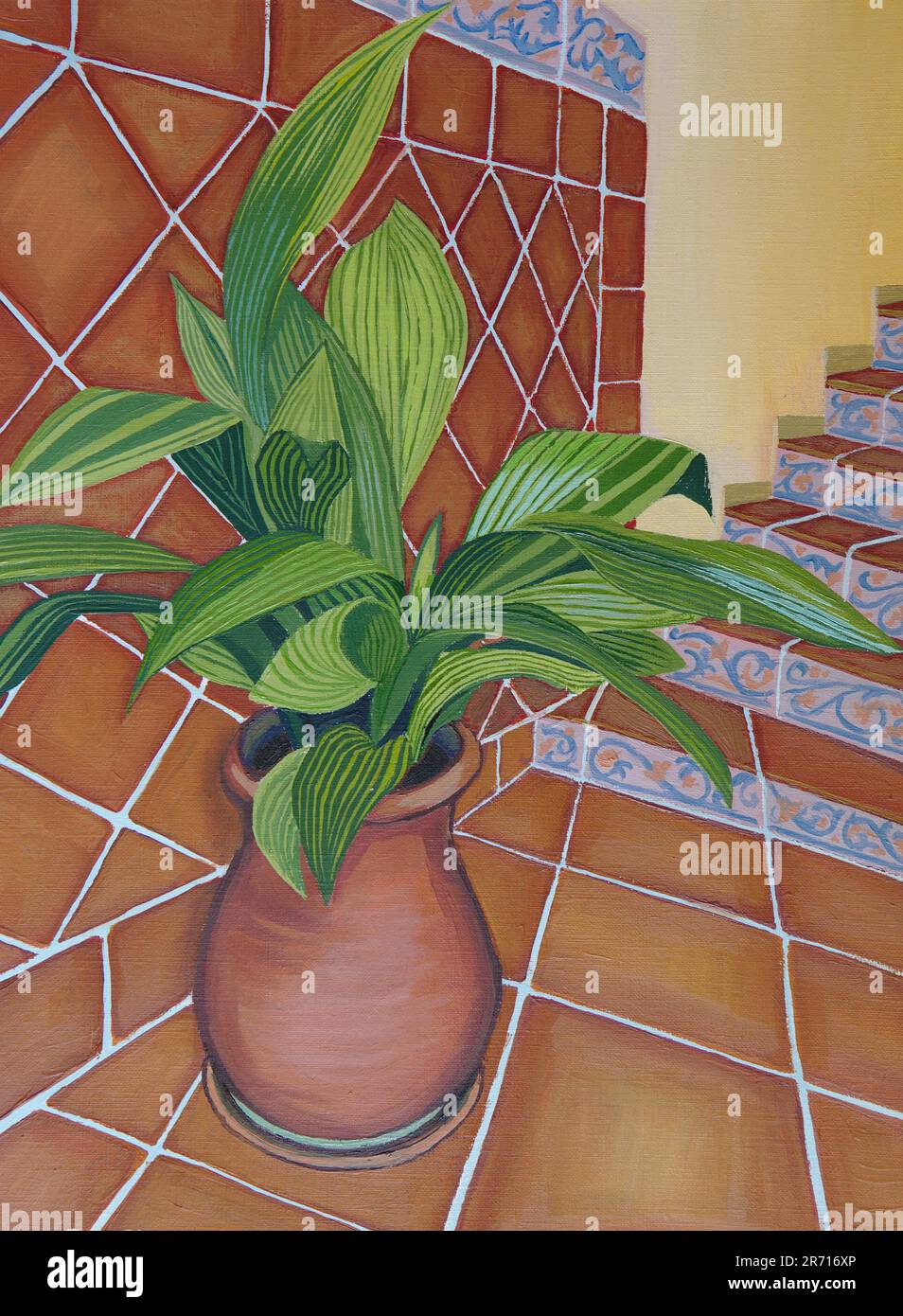 peinture d'une plante verte dans un pot en terre cuite sur fond de carreaux bruns et d'un escalier Banque D'Images