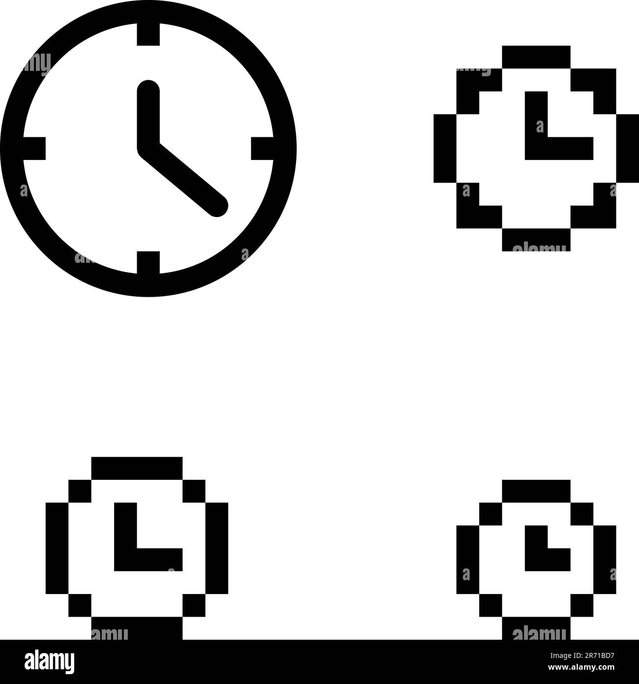 Quatre variantes d'icône d'horloge. Les icônes sont alignées sur la grille de pixels. Cela signifie que les images sont préparées pour une utilisation en petites tailles (min 7x7 px). Perfectl... Illustration de Vecteur