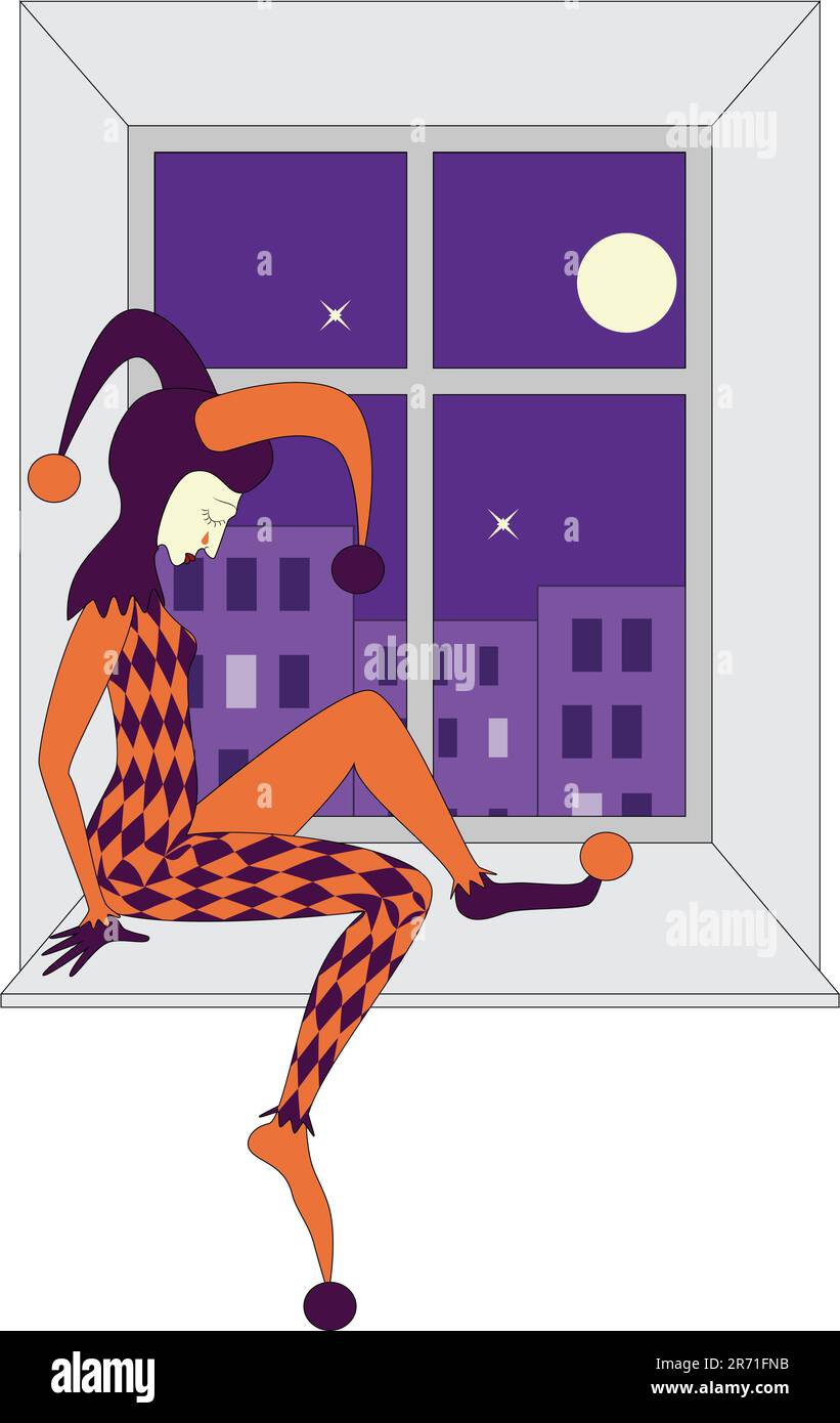 arlequin femelle vector sad dormant sur le rebord de la fenêtre. paysage urbain derrière et une pleine lune Illustration de Vecteur