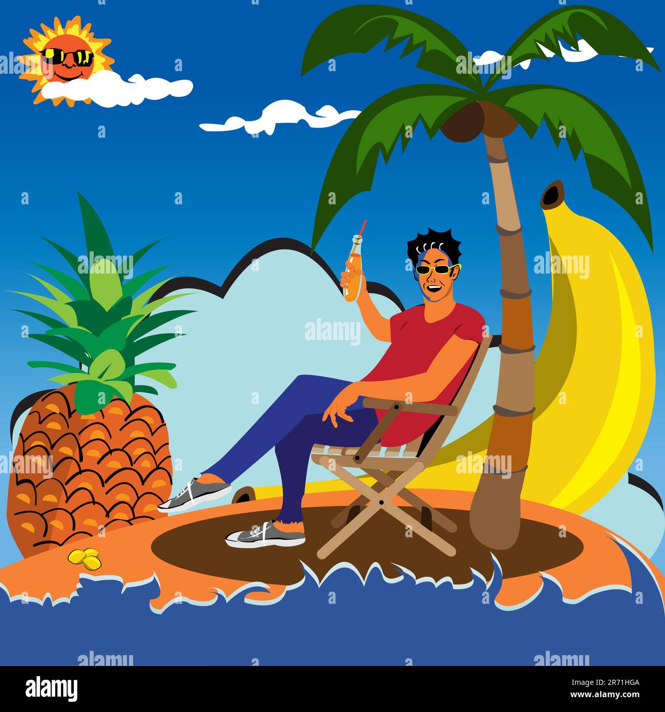 Illustration vectorielle d'un jeune homme qui applaudit avec un jus sur une île solitaire, entourée d'un palmier, d'un gros ananas, d'une grande banane et de petits citrons. Le ciel ... Illustration de Vecteur