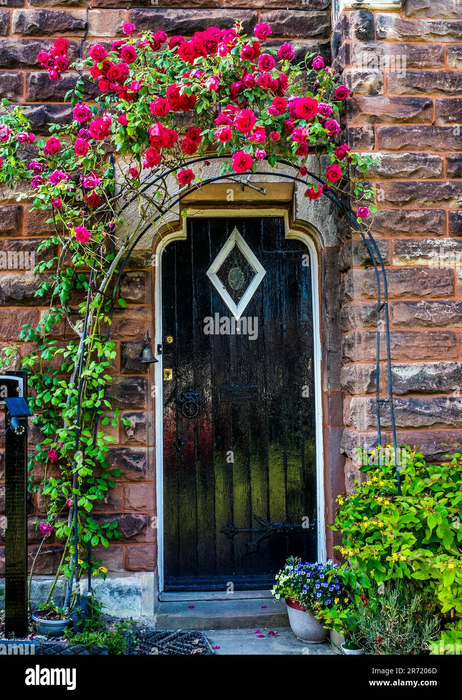 Roses ornent la porte d'entrée d'une ancienne maison à Thornton Hough. Banque D'Images