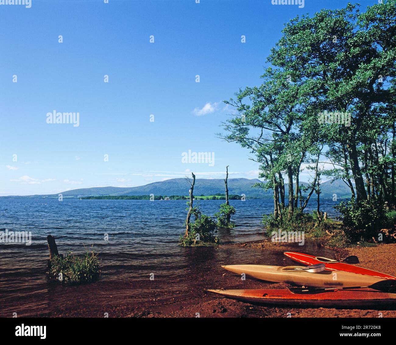 Écosse. Highlands. Vue sur le Loch Lomond. Kayaks sur la rive. Banque D'Images