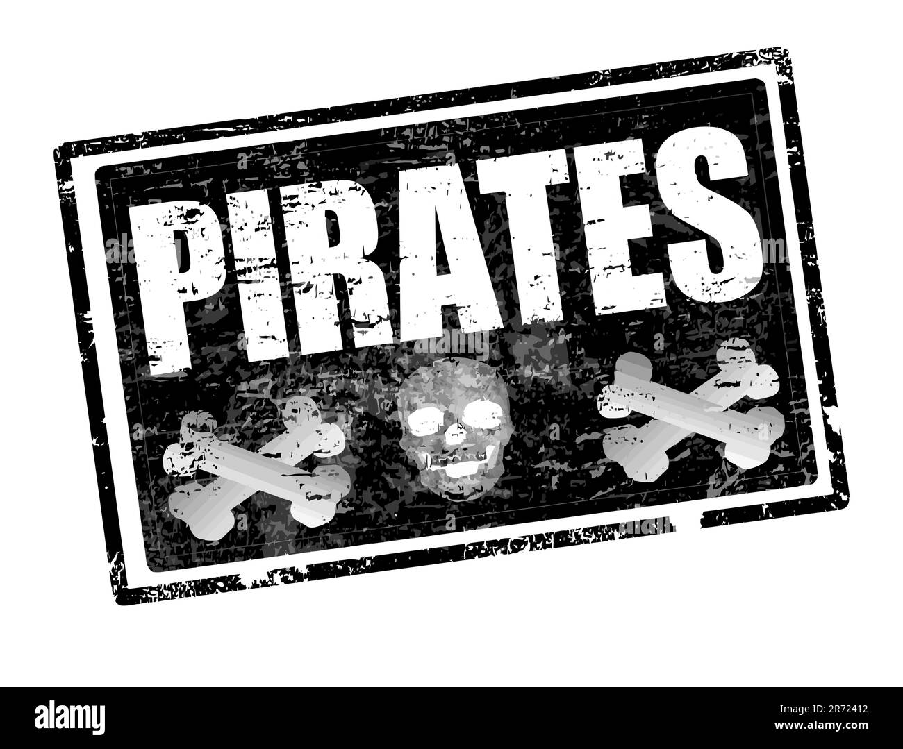 Abstrait noir grunge bureau tampon en caoutchouc avec la forme du crâne et le mot pirates écrit à l'intérieur Illustration de Vecteur