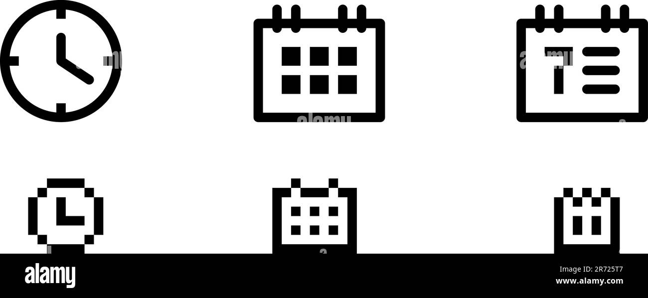 Horloge et deux variantes de calendrier. Les icônes sont alignées sur la grille de pixels. Cela signifie que les images sont préparées pour une utilisation en petites tailles. Parfaitement pour ... Illustration de Vecteur
