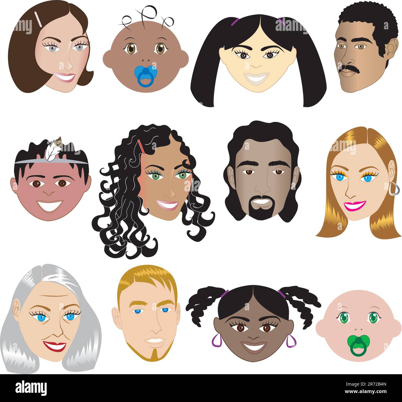 Les visages des gens 3. Vector Illustration set de 12 différents visages de tous les sexes, les races et les âges. Également disponible dans d'autres séries. Illustration de Vecteur