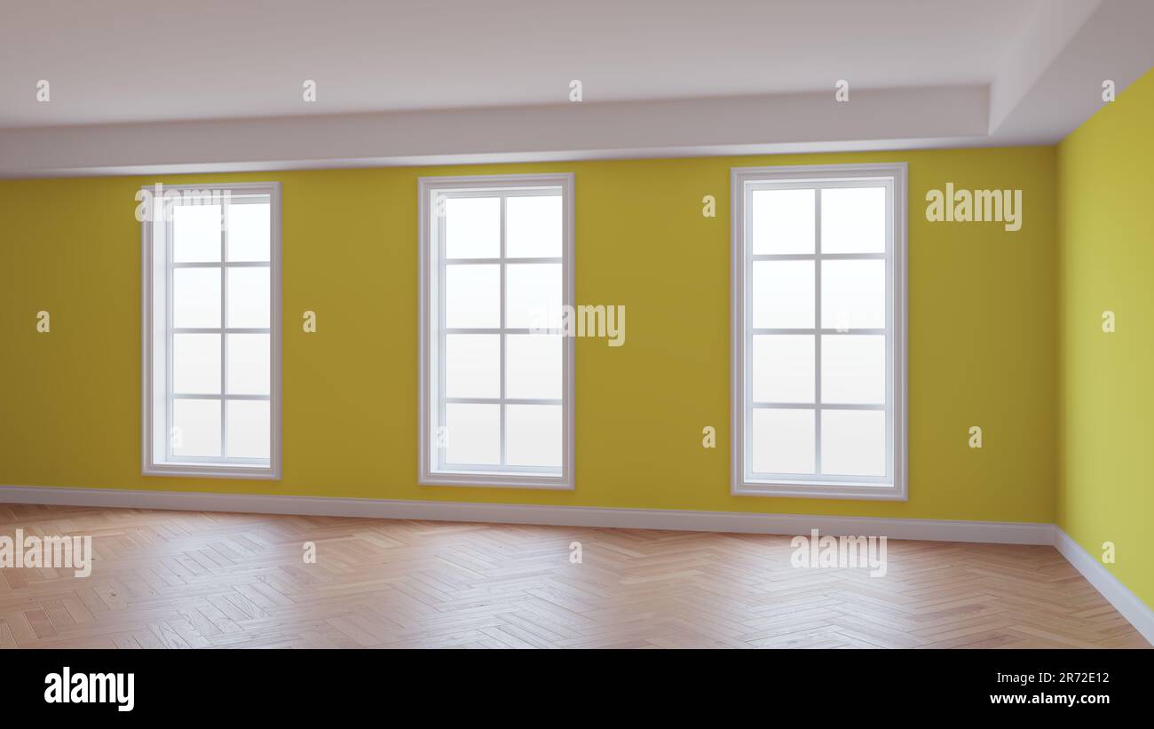 Intérieur avec murs jaunes, trois grandes fenêtres, parquet à chevrons brillant clair et un pied blanc. Magnifique concept non meublé de la chambre. Banque D'Images
