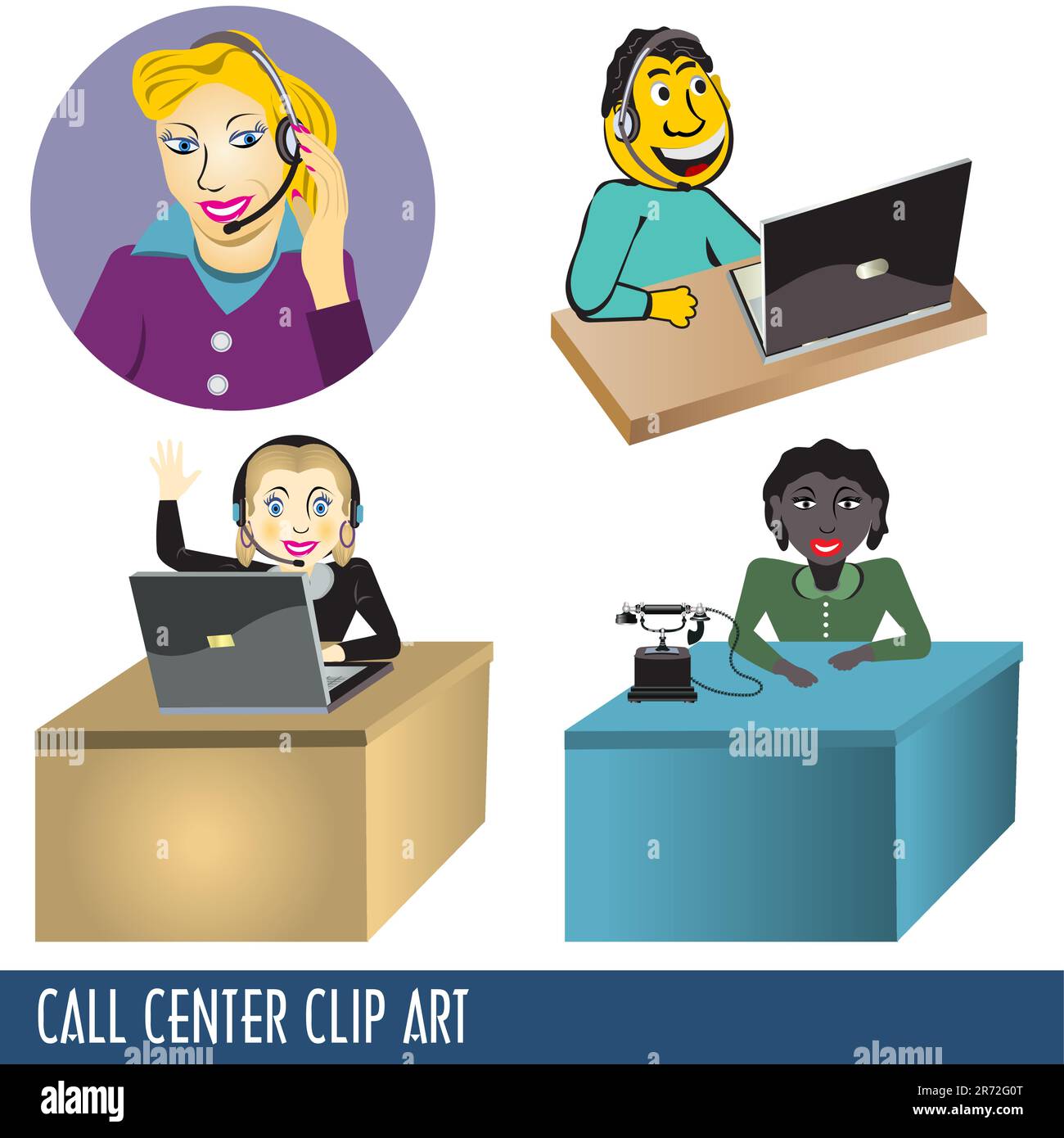 Collection de quatre images clip art pour centre d'appels. Illustration de Vecteur