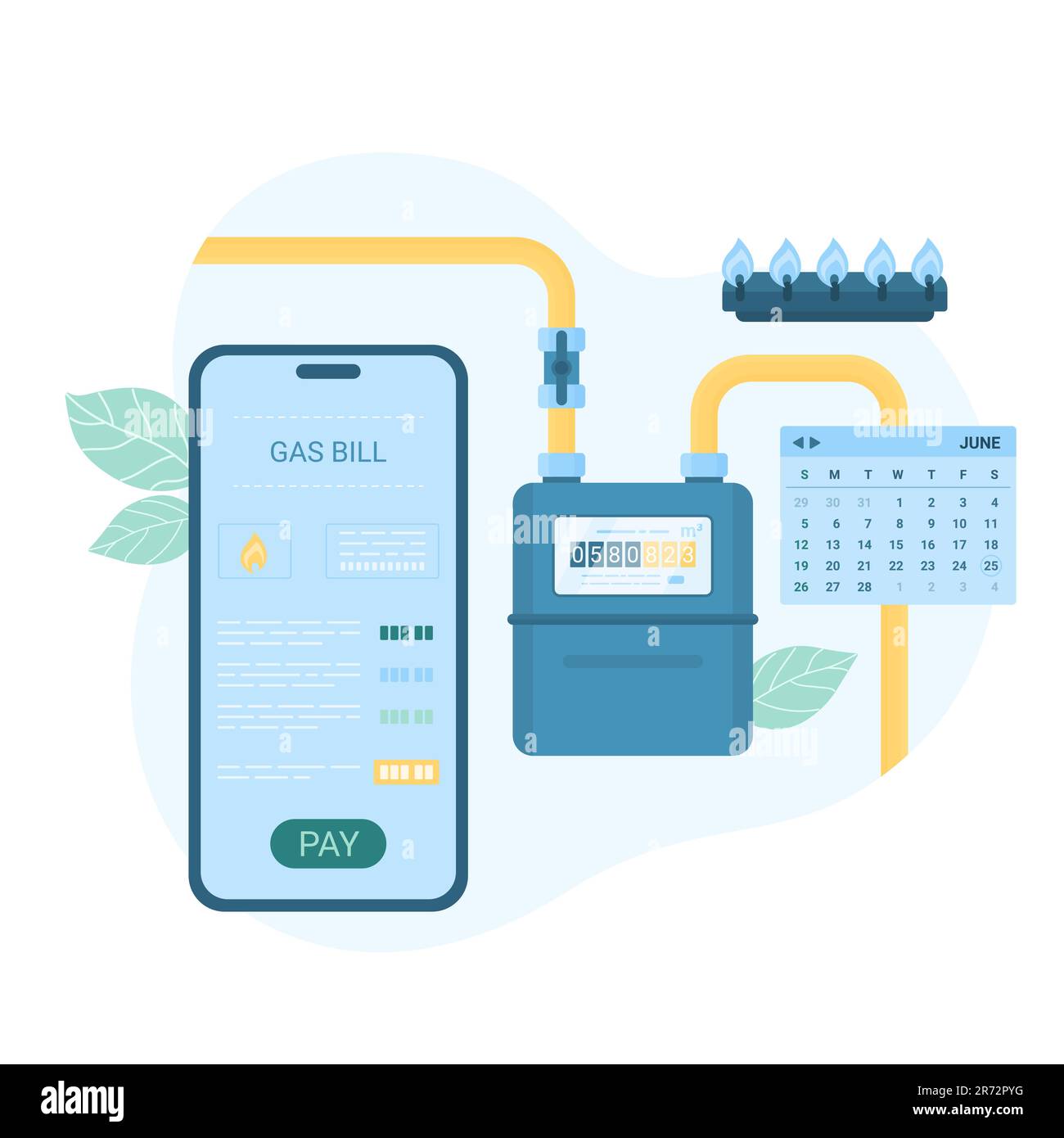 Illustration du scénario mensuel en ligne de paiement d'essence. Téléphone mobile isolé de dessin animé avec application pour payer les factures de services publics pour le gaz, compteur avec lectures et brûleur de cuisinière, calendrier pour le mois avec date à payer Illustration de Vecteur