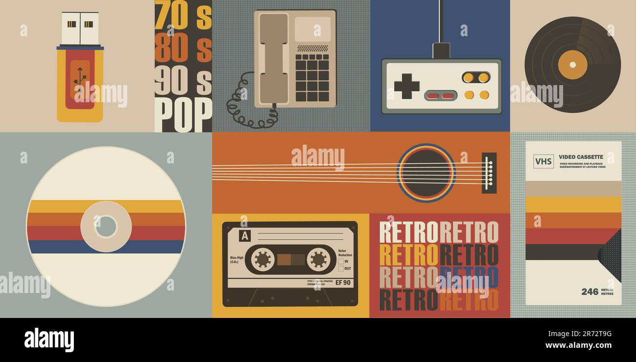 Divers articles à l'ancienne sur fond rétro. Concept rétro ou rétro fond Illustration de Vecteur