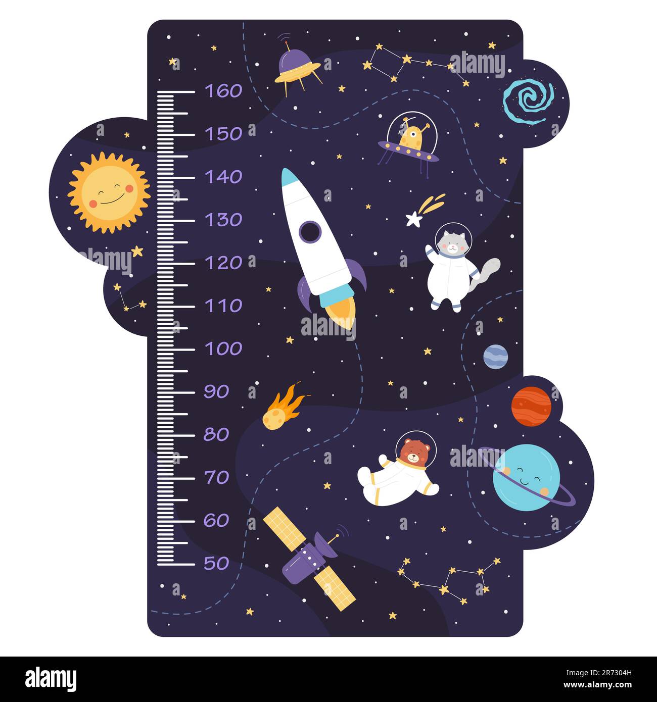 Tableau des hauteurs pour enfants avec illustration de vecteur animaux de l'espace mignonne. Dessin animé drôle chat et ours dans l'espace volant entre la fusée et le satellite, comète et planètes de l'espace, maître de mur d'jardins d'enfants. Illustration de Vecteur