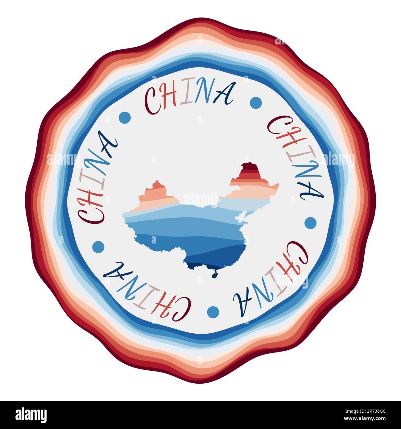 Badge Chine. Carte du pays avec de belles vagues géométriques et un cadre rouge et bleu vif. Logo rond vif en Chine. Illustration vectorielle. Illustration de Vecteur