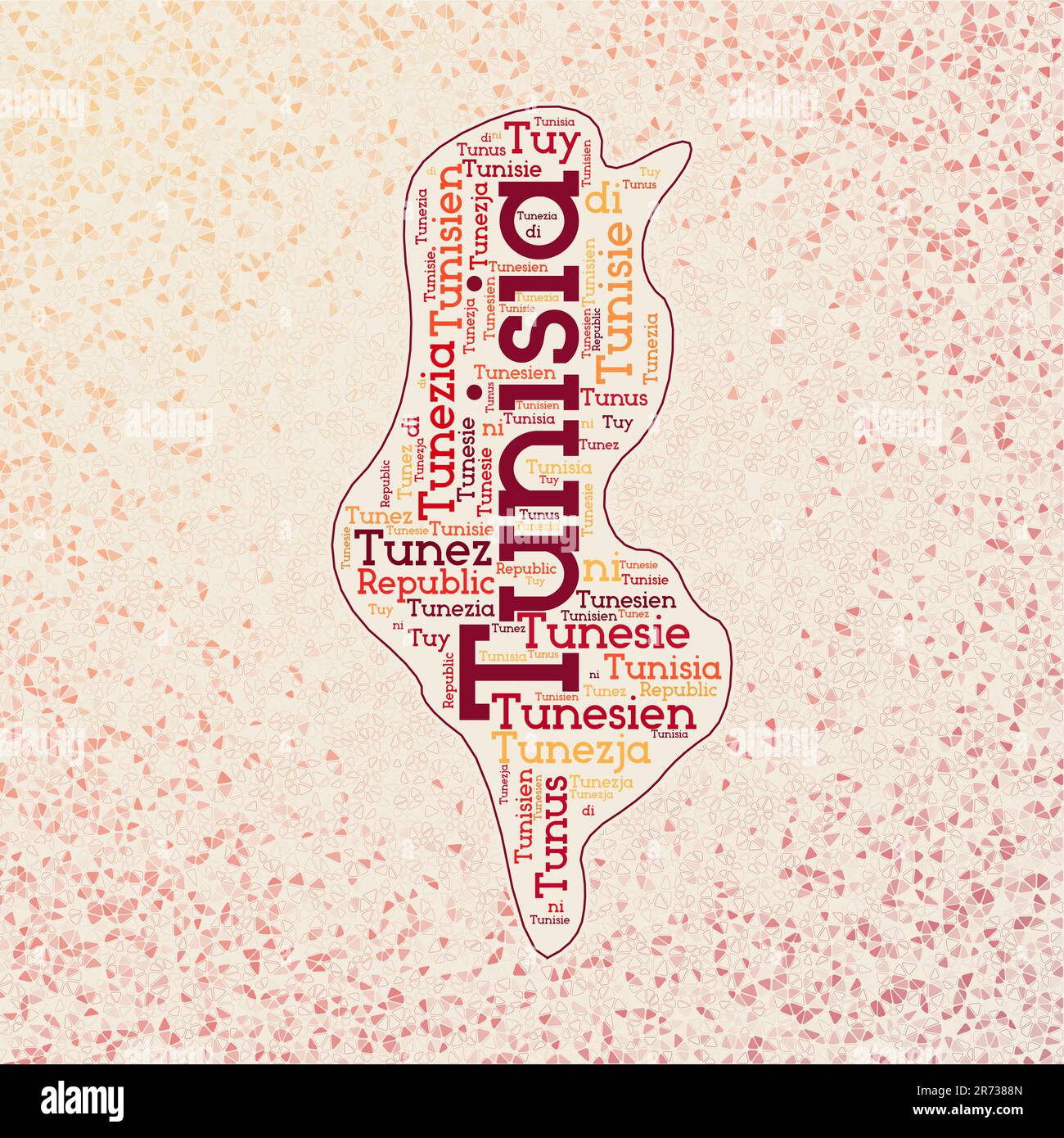 Tunisie forme avec les noms de pays nuage de mots en plusieurs langues. Carte de la frontière tunisienne sur des triangles soignés dispersés autour. Illustration de Vecteur