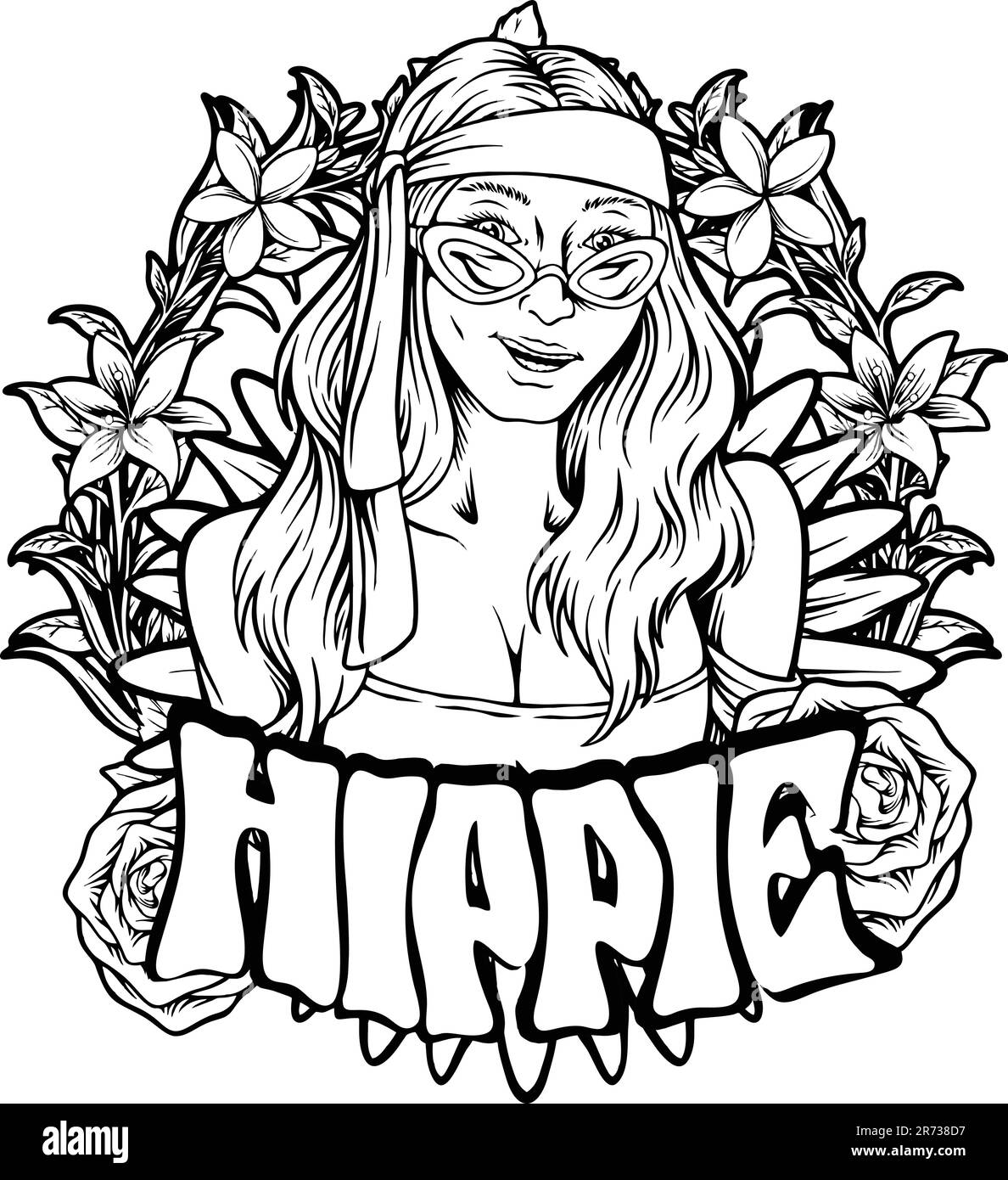Boho hippie girl sourire fleurs cadre illustrations noir et blanc vecteur illustrations pour votre travail logo, t-shirt, autocollants et design d'étiquette Illustration de Vecteur