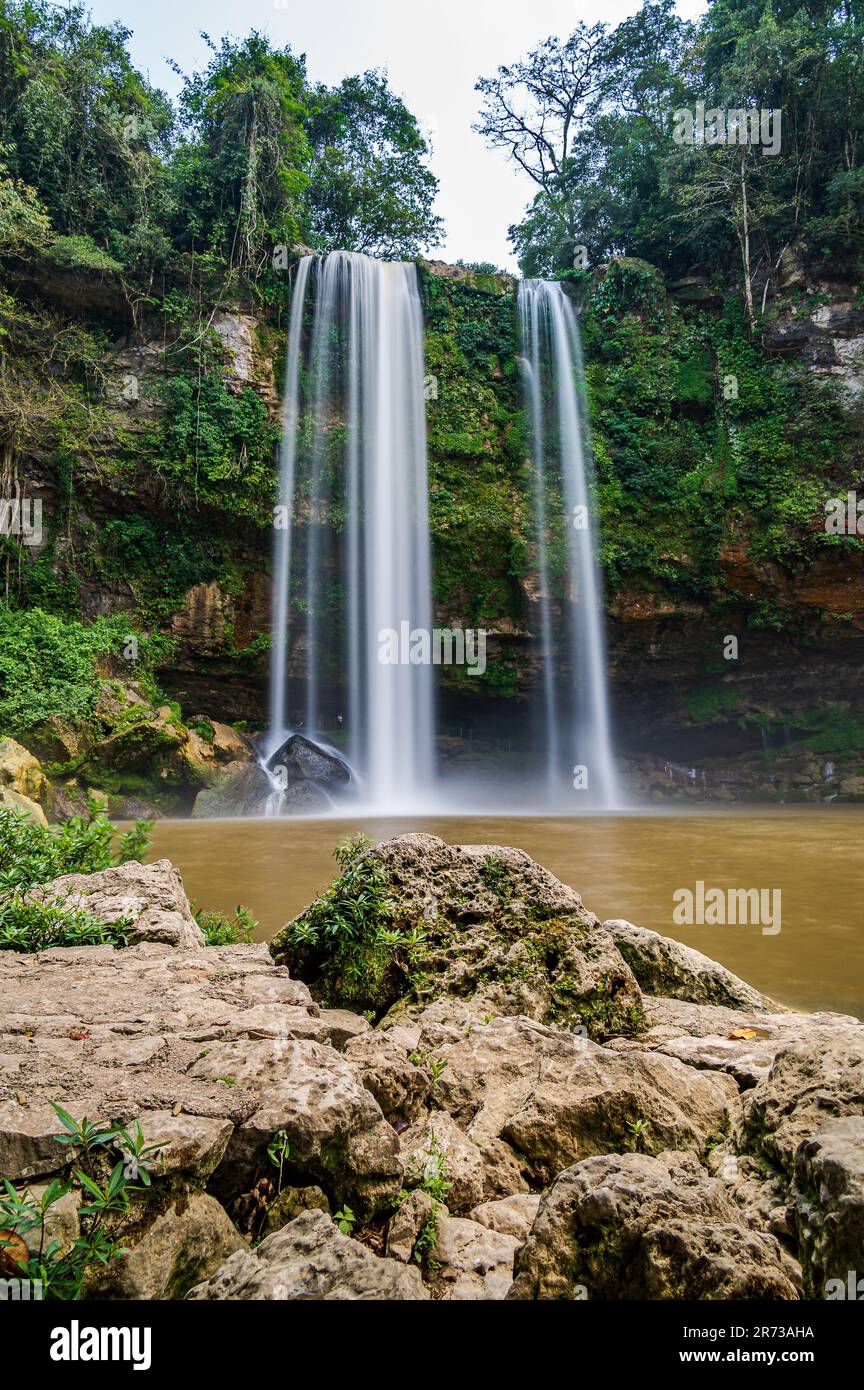 La cascade de Misol Ha consiste en une seule cascade de 35 m de hauteur qui tombe dans une piscine unique, presque circulaire, au milieu de la végétation tropicale. Est assis Banque D'Images