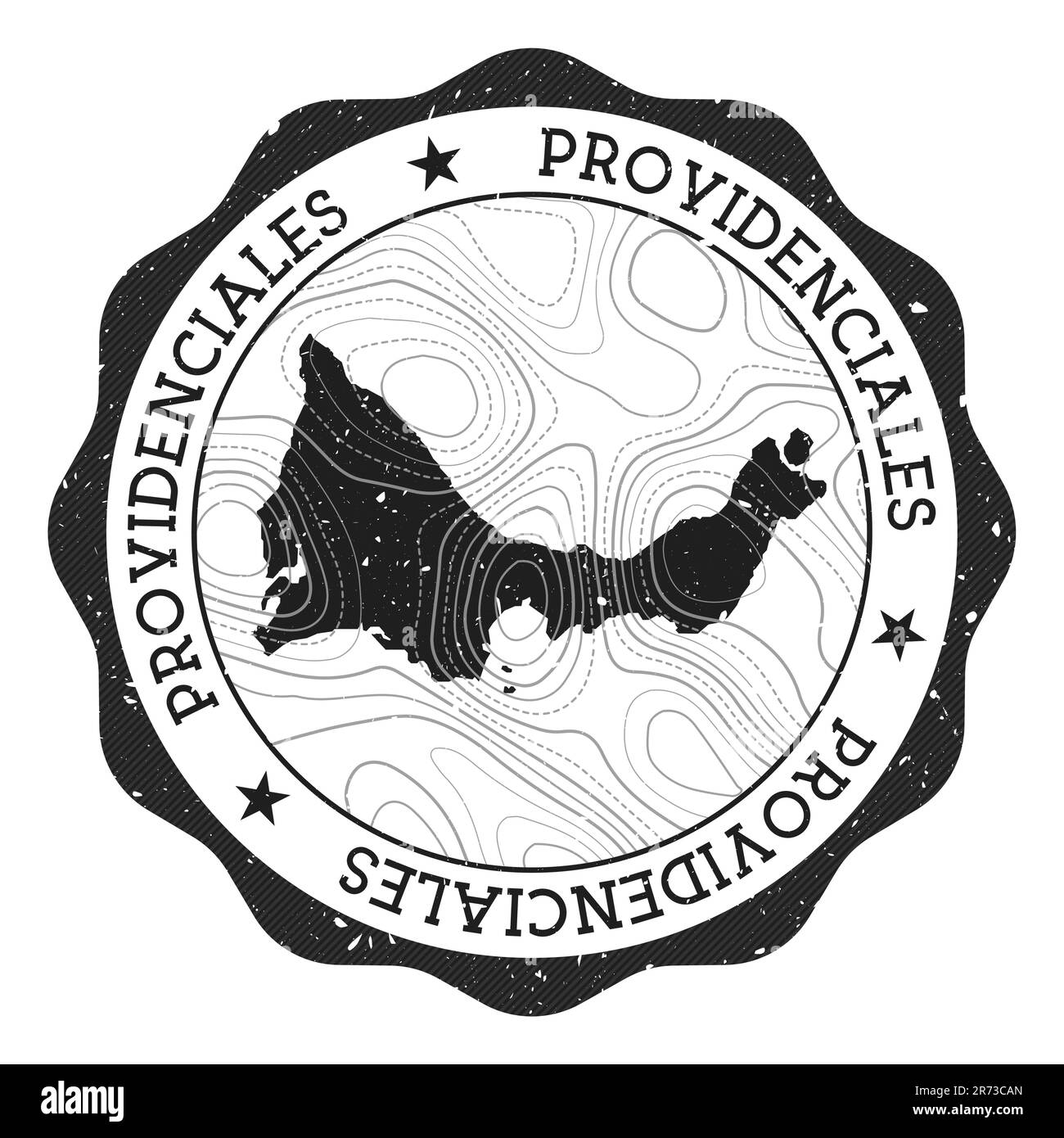 Timbre extérieur Providenciales. Autocollant rond avec carte de l'île avec isolines topographiques. Illustration vectorielle. Illustration de Vecteur