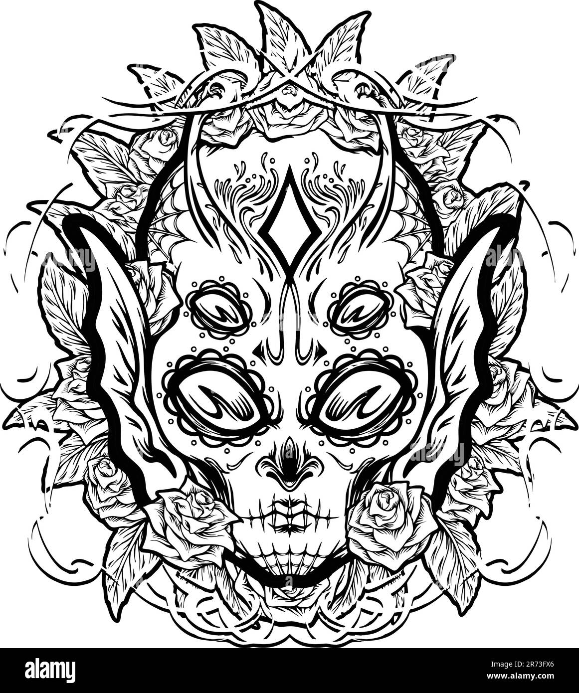 Crâne de sucre tête étrangère fleur botanique cadre illustrations noir et blanc vecteur illustrations pour votre travail logo, t-shirt, autocollants et labe Illustration de Vecteur