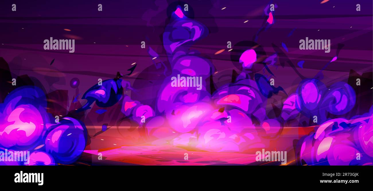 Dessin animé violet incendie explosion jeu vecteur conception. Illustration de l'effet de bande dessinée du boom de la bombe. Bannière graphique dynamite éclatée. Œuvres d'art en sorcellerie magique noire. Tornado vent sur la planète dans l'espace dynamique concept. Illustration de Vecteur