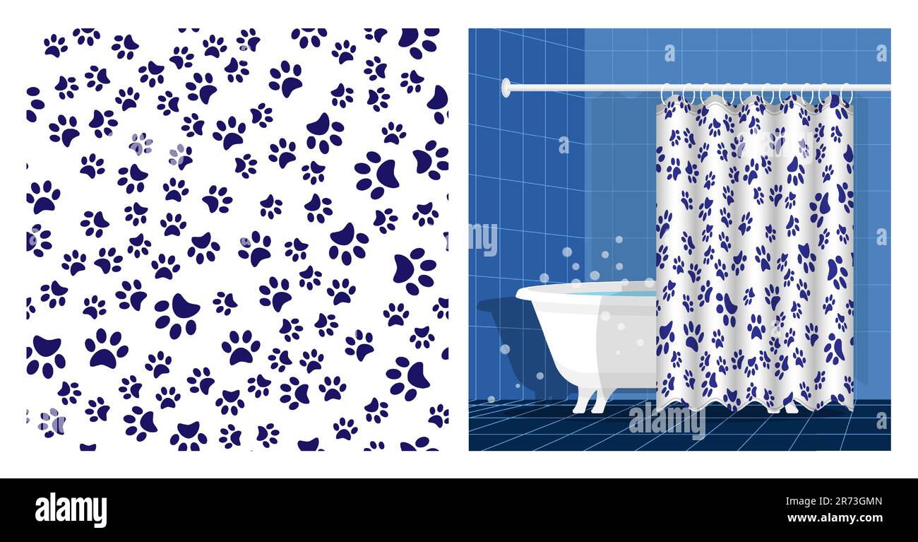 Intérieur de la salle de bains avec baignoire et rideau décoré de paws de chat à motifs sans couture. Imprimé paw animal sur le sol. Illustration vectorielle, ornement pour Illustration de Vecteur