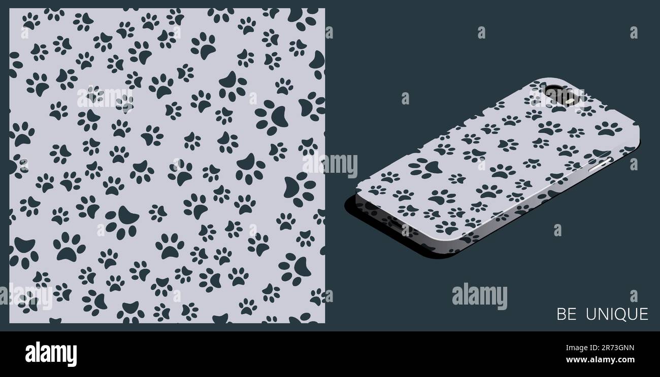Téléphone intelligent moderne dans un étui unique coussins de pattes de chat sans couture motif. Imprimé paw animal sur le sol. Vue de dessus isométrique. Déco vecteur pour des Illustration de Vecteur