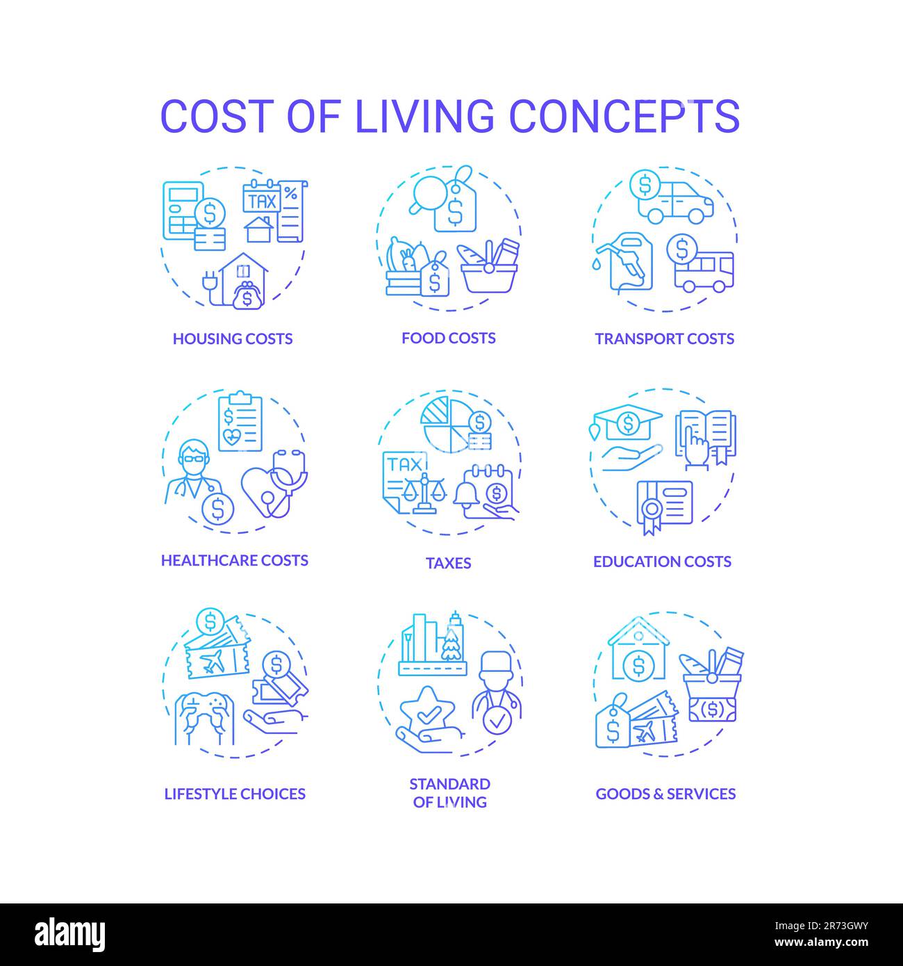 Jeu d'icônes de concept de gradient bleu du coût de la vie Illustration de Vecteur