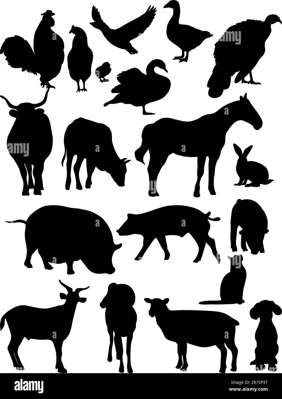 Silhouettes animaux de ferme et oiseaux domestiques. Collection vecteur isolé dessins à la main animaux sur fond blanc pour la conception Illustration de Vecteur
