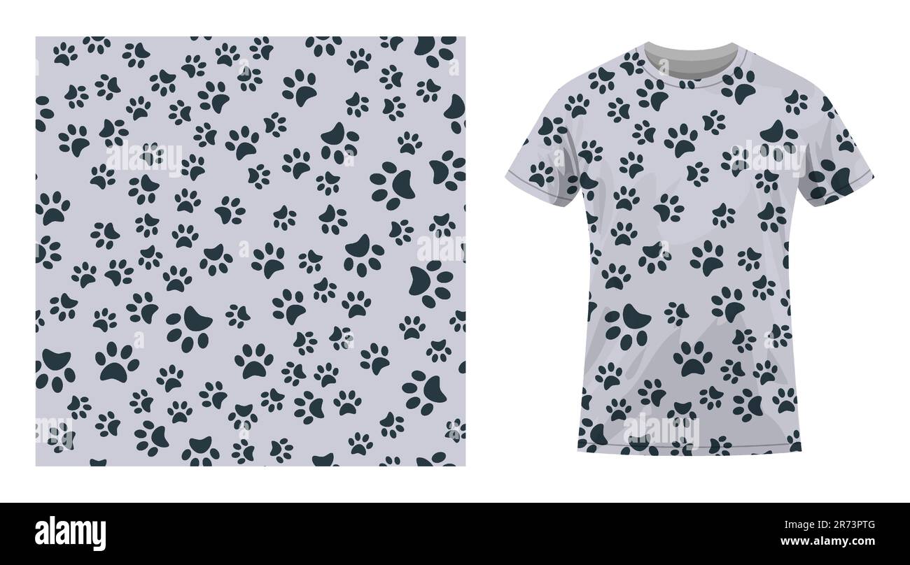 T-shirt de sport à manches courtes orné de pattes de chat sans couture. Imprimé paw animal sur le sol. Vêtements d'été confortables. Vecteur ornam Illustration de Vecteur