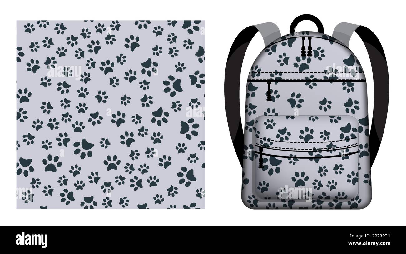 Sac à dos d'école pour enfants décoré tapis de pattes de chat sans couture motif. Imprimé paw animal sur le sol. Accessoires pour étudiants. Décoration vectorielle pour la conception de Illustration de Vecteur
