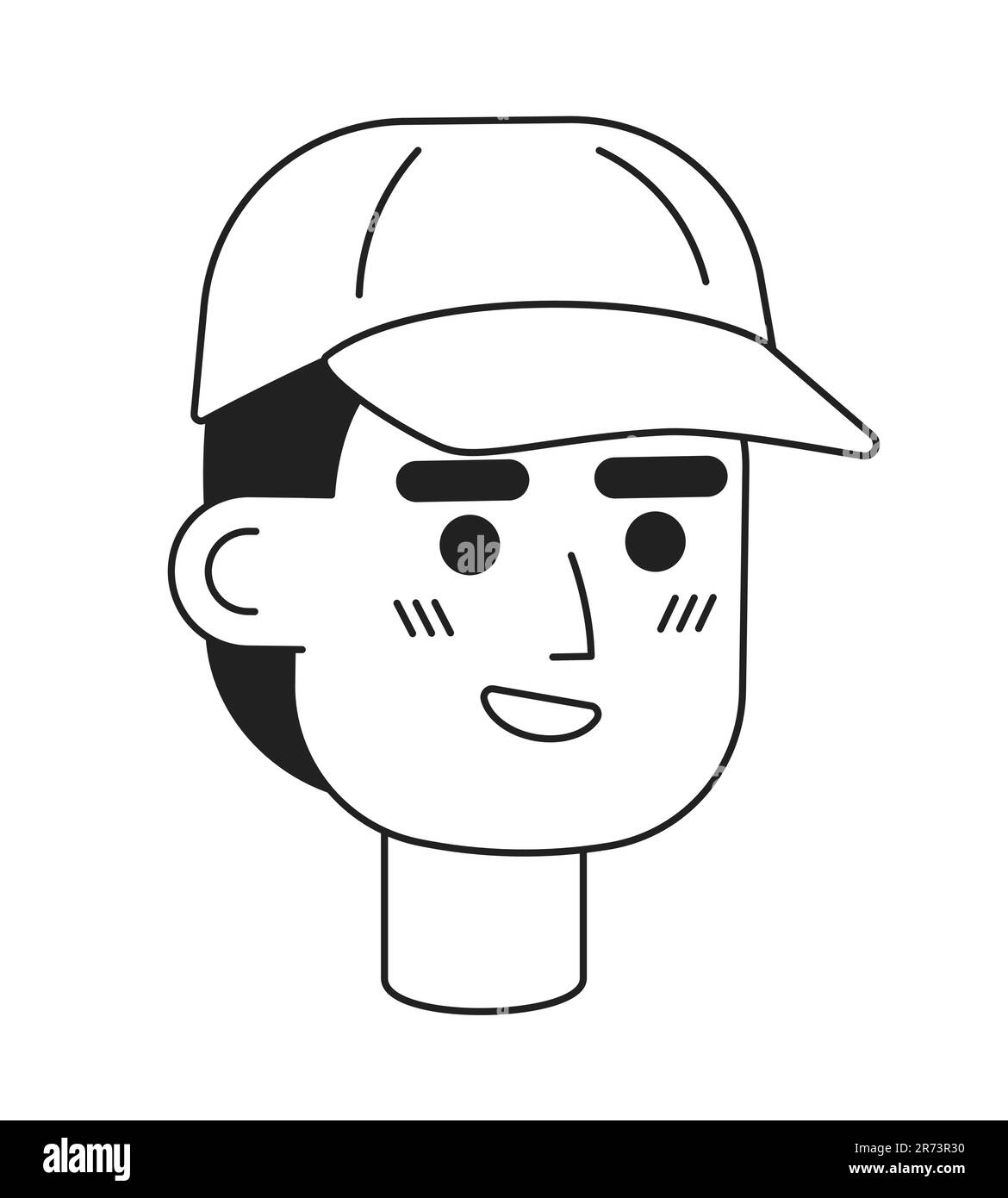 Casquette de baseball homme souriant monochrome plat tête de personnage linéaire Illustration de Vecteur