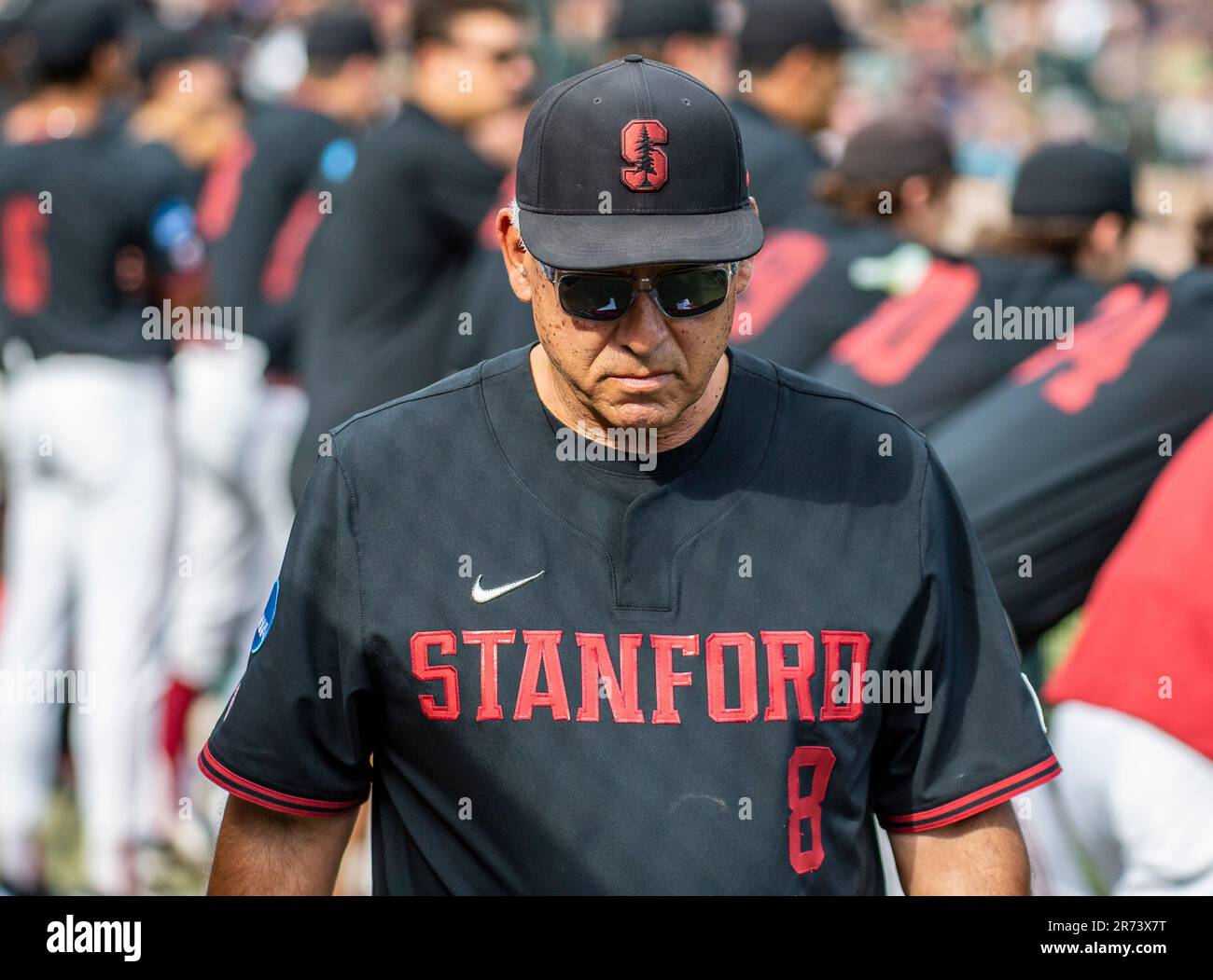 12 juin 2023 Palo Alto CA États-Unis L'entraîneur en chef David Esquer marche le dugout pendant le match de baseball super régional NCAA entre Texas Longhorns et le Cardinal de Stanford à Klein Field/Sunken Diamond à Palo Alto Calif. Thurman James/CSM Banque D'Images