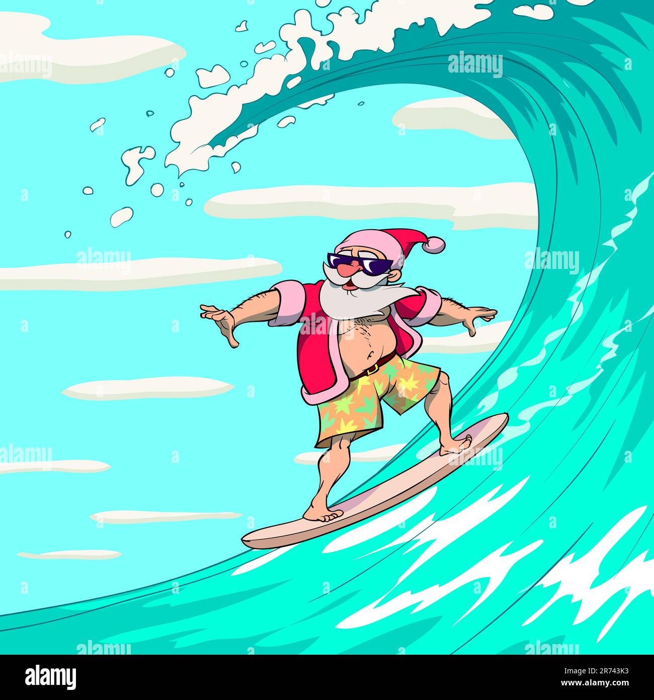 Happy Santa Claus est le surf sur une grosse vague de la mer. Illustration de Vecteur