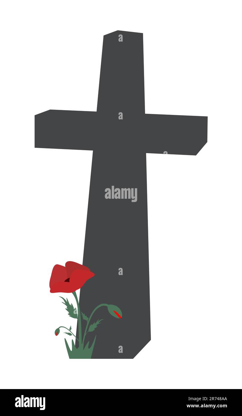 Croix noire avec des coquelicots rouges symbole mémoire Cimetière headstone illustration vectorielle minimale pour le jour du souvenir, jour d'Anzac isolé sur fond blanc Illustration de Vecteur