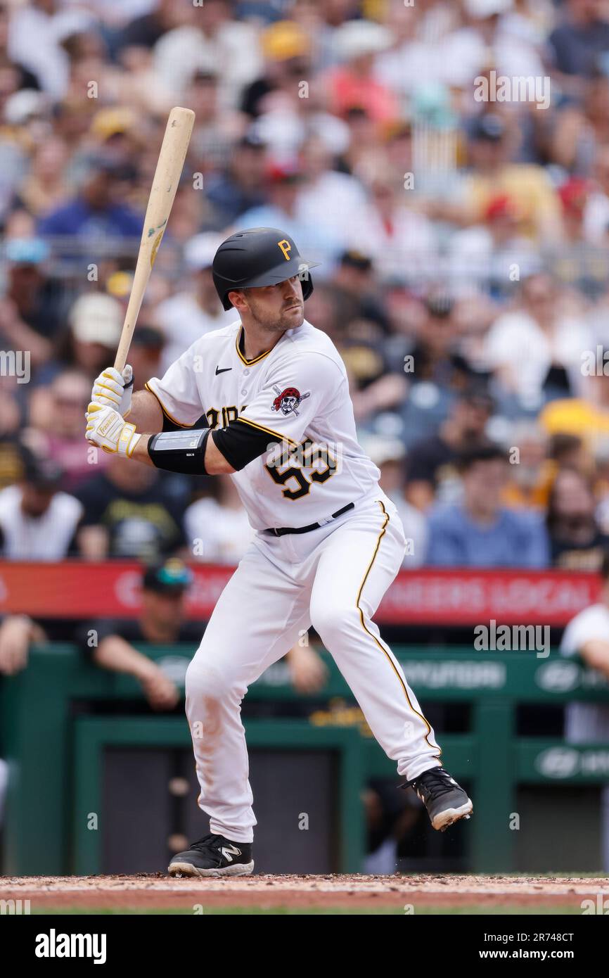 PITTSBURGH, PA - JUNE 03: Pittsburgh Pirates catcher Jason Delay (55) bats during an MLB game against the St. Louis Cardinals on June 03, 2023 at PNC Park in Pittsburgh, Pennsylvania. (Photo by Joe Robbins/Icon Sportswire) (Icon Sportswire via AP Images) Banque D'Images