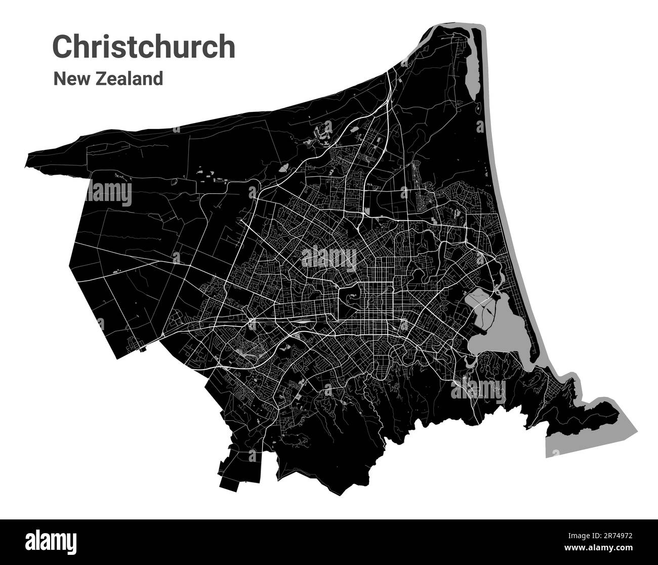 Carte de Christchurch. Carte vectorielle noire détaillée de la zone administrative de la ville de Christchurch. Vue sur l'aria métropolitain avec affiche CityScape. Terre sombre avec blanc St Illustration de Vecteur