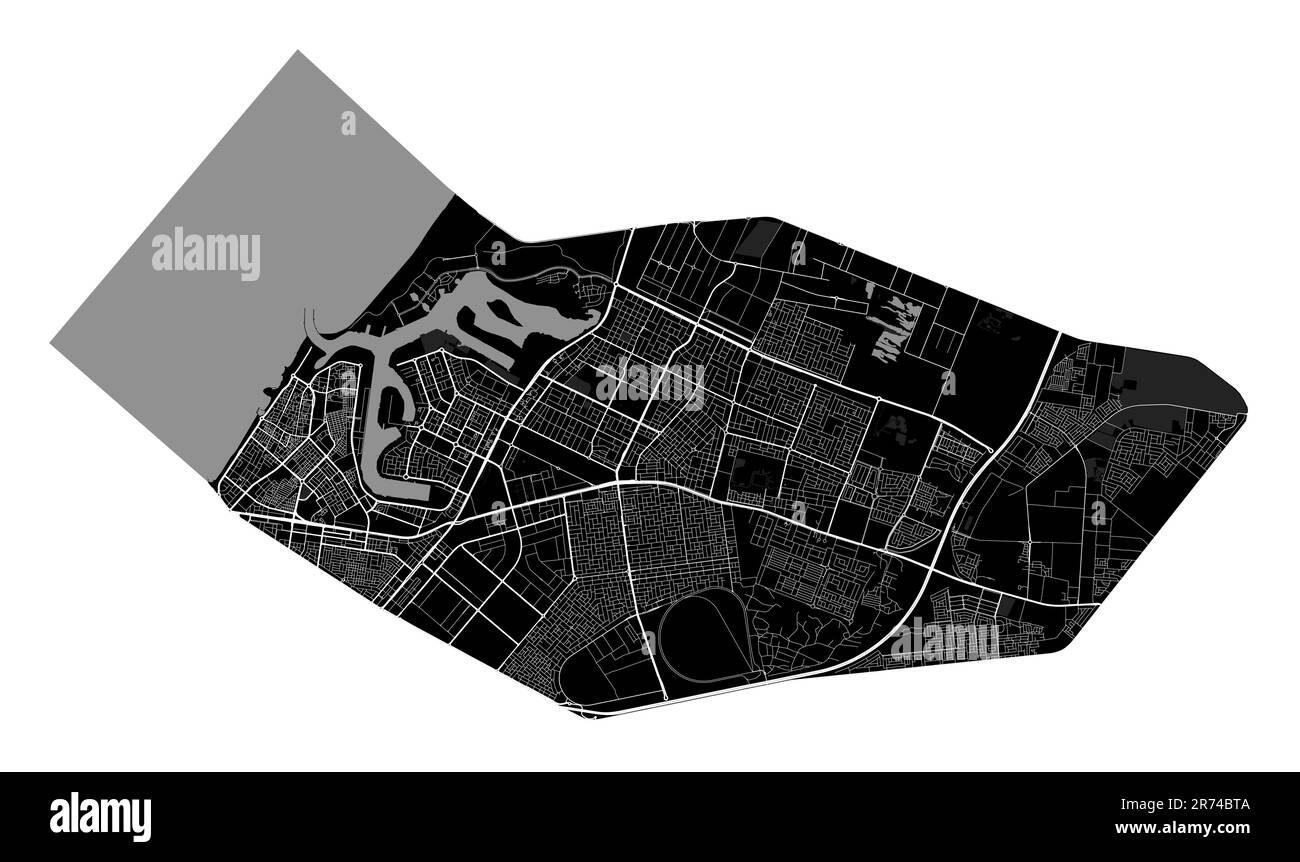 Ajman carte noire, territoire administratif de la ville avec frontière. Plan détaillé de la ville des Émirats arabes Unis. Illustration vectorielle avec routes, parcs. Illustration de Vecteur