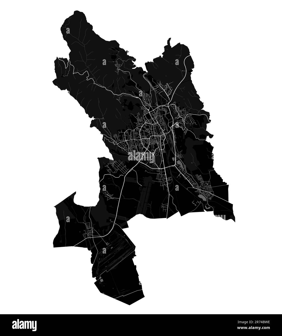 Carte Kosice. Carte détaillée noire de la zone administrative de Kosice. Vue sur l'aria métropolitain avec affiche CityScape. Terre noire avec bâtiments blancs, eau, FO Illustration de Vecteur