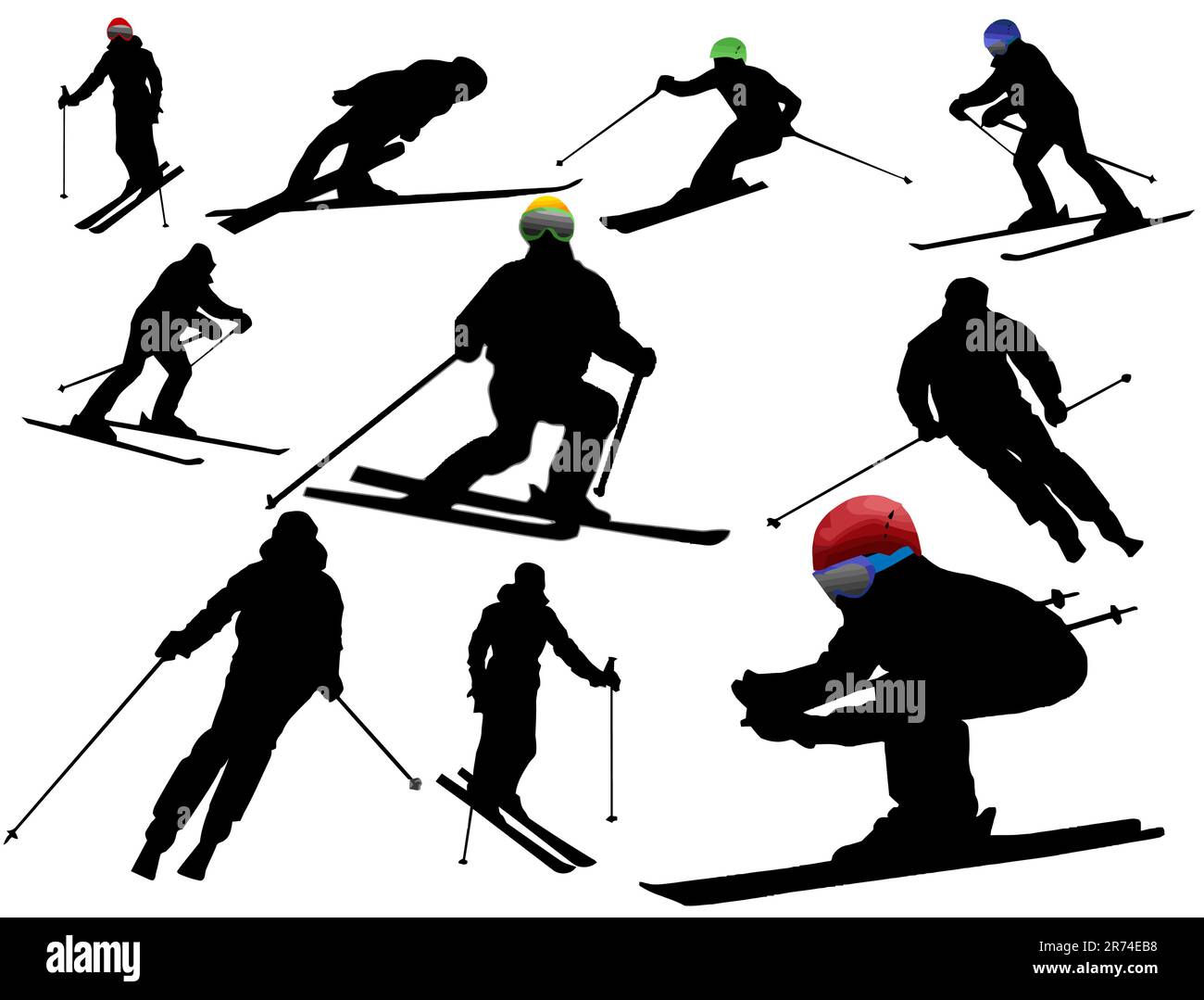 Collection vectorielle de silhouettes isolées de ski alpin sur fond blanc Illustration de Vecteur