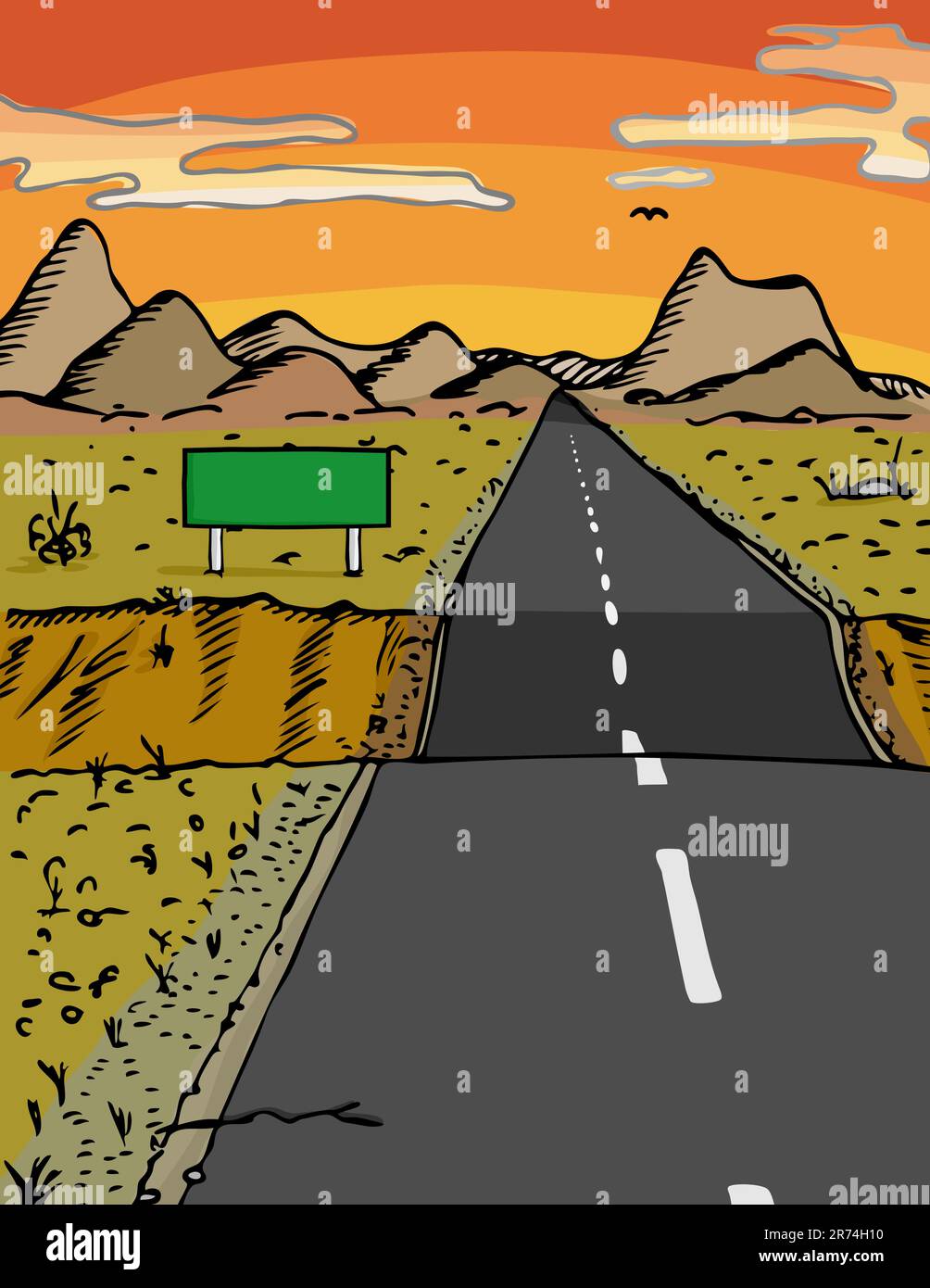 Route avec trempette et panneau vierge dans une zone désertique pendant le coucher du soleil Illustration de Vecteur