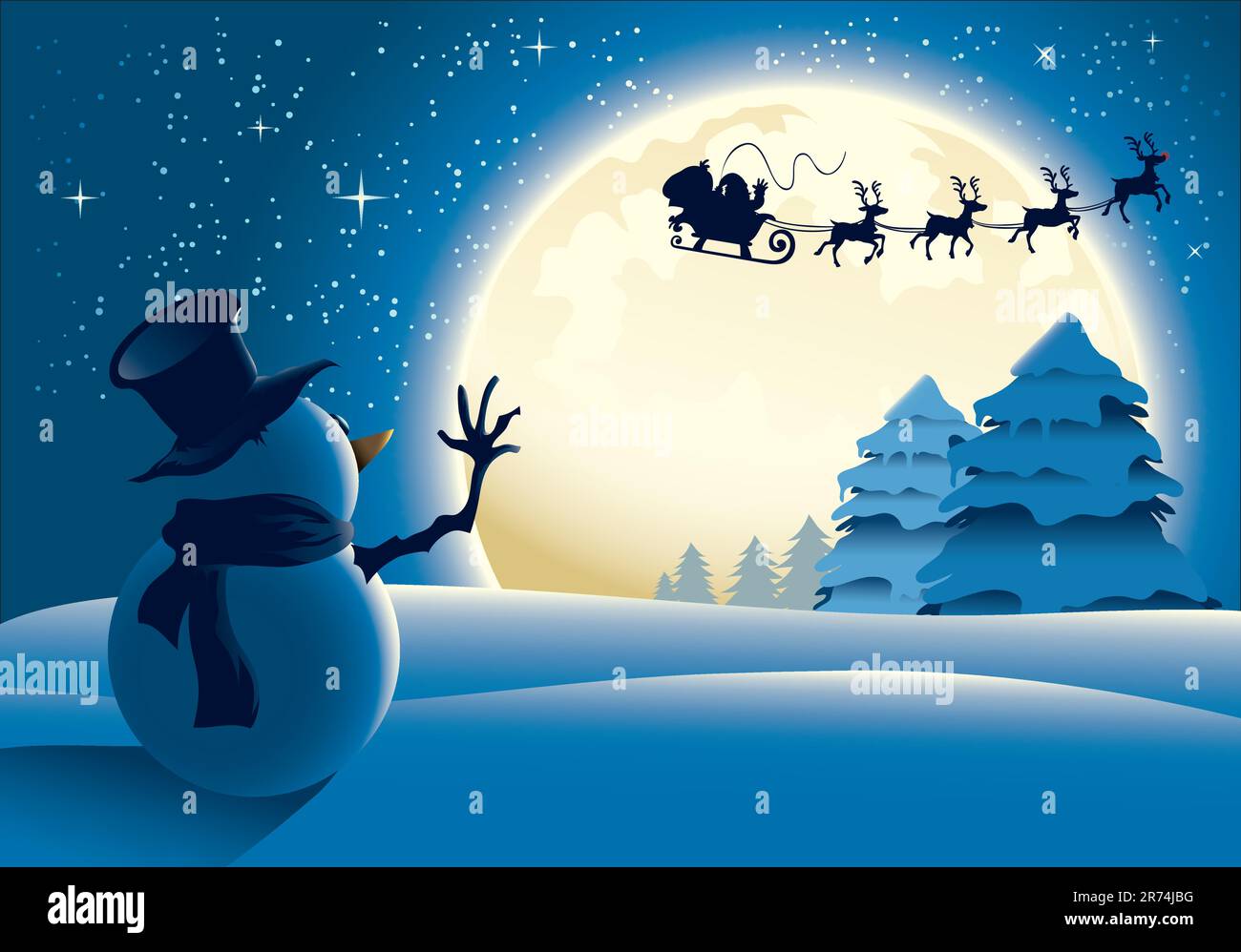 Bonhomme de neige solitaire qui s'est enordi vers le Père Noël et son traîneau à distance, avec fond de pleine lune. Illustration de Vecteur