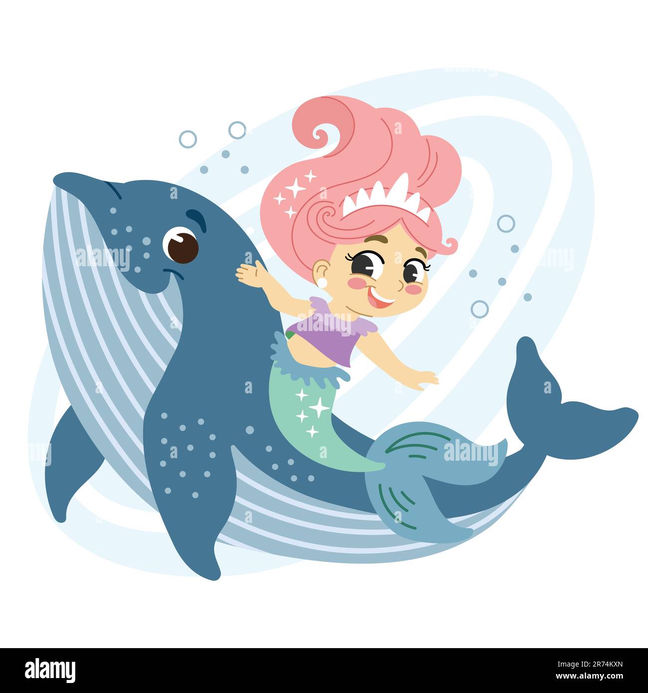 Jolie petite promenade de sirène à cheveux roses sur une baleine d'ami. Illustration de dessin animé vectoriel isolée de style plat. Arrière-plan blanc. Pour l'impression, la conception, la publication Illustration de Vecteur