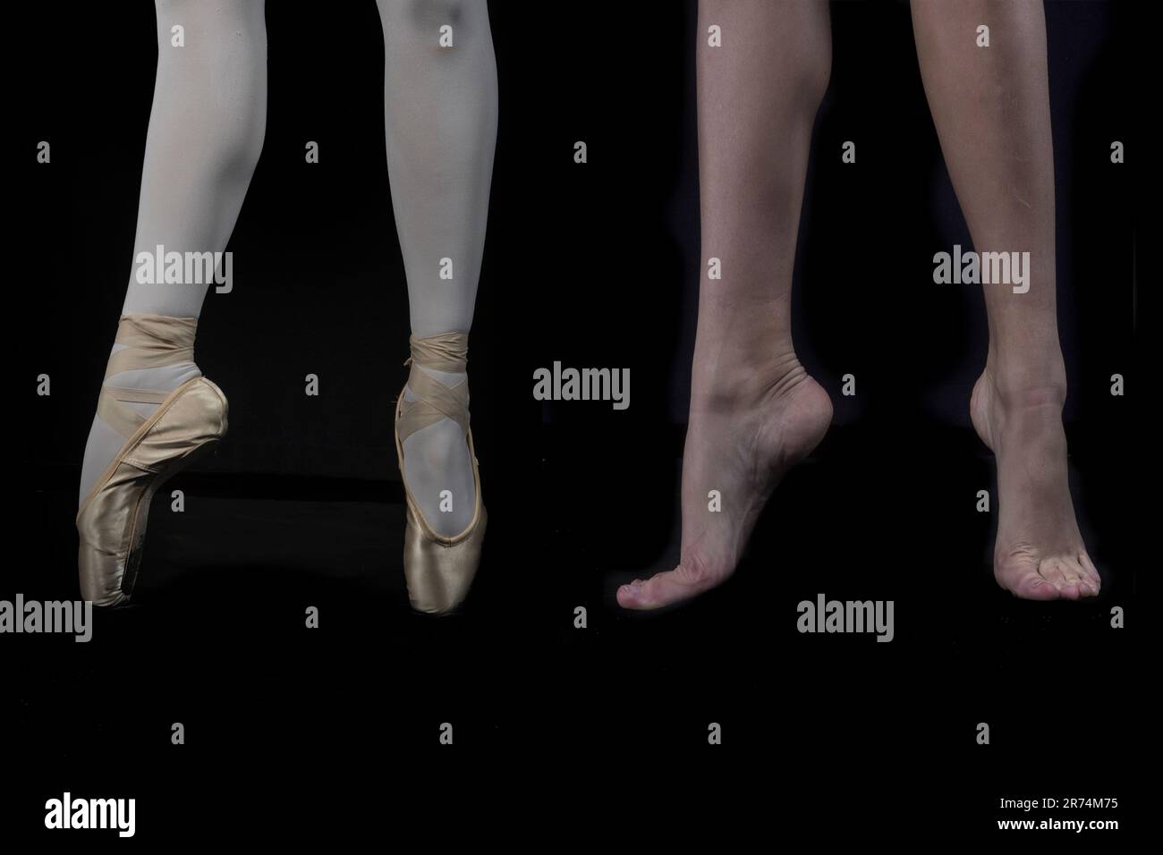 détail des pieds des danseurs de ballet avec des chaussures pointe et pieds nus Banque D'Images