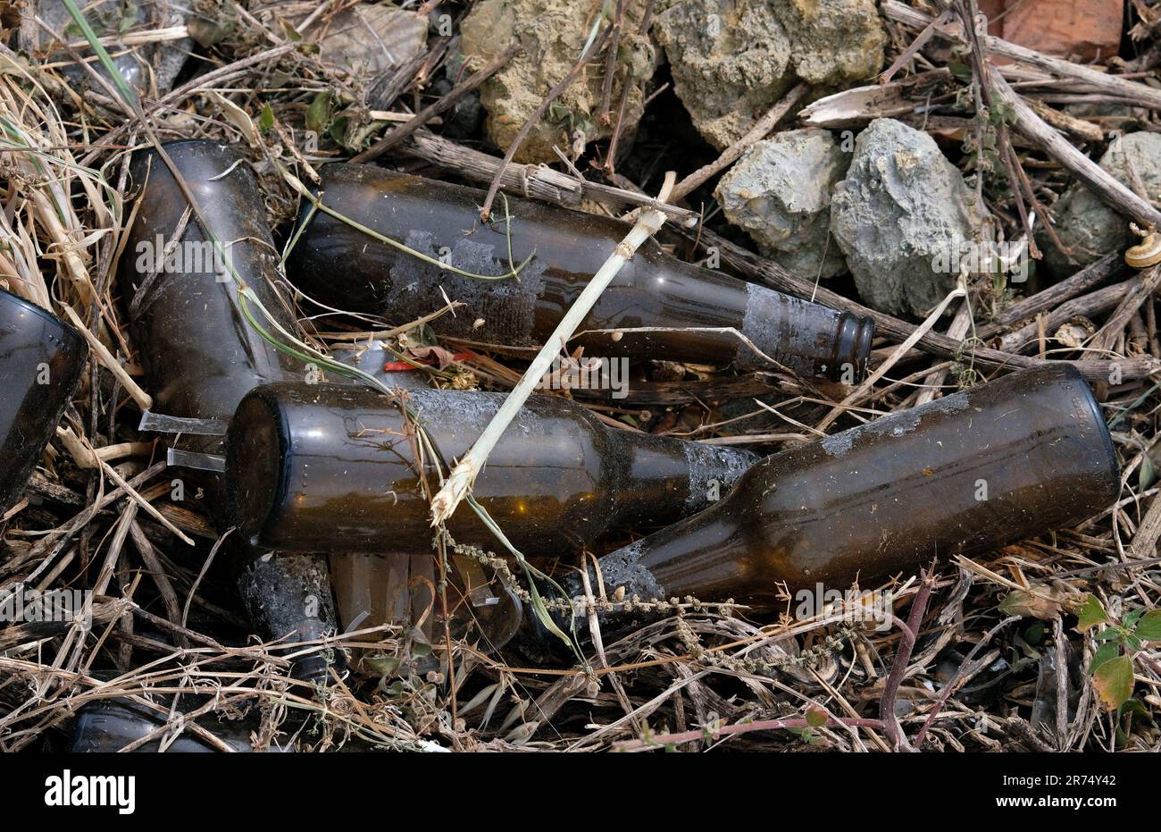 Vider les bouteilles de bière jetées sur le côté d'une route Banque D'Images
