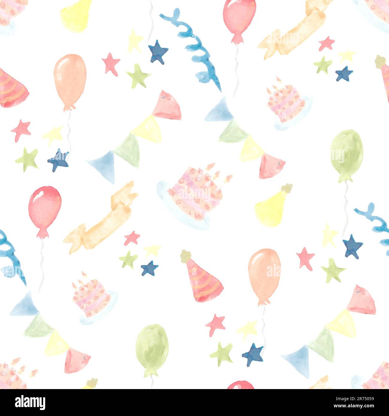 Motif aquarelle sans couture. Papier cadeau pour fêtes et anniversaires avec ballon, gâteau, térébenthine, étoiles, guirlande. Papier peint à l'infini pour les fêtes Banque D'Images