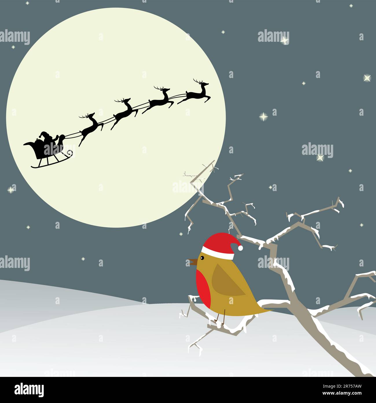 Red Robin assis dans un arbre regardant le Père Noël dans le ciel Illustration de Vecteur