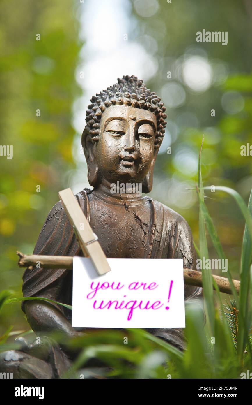 Figurine Bouddha avec un signe 'VOUS ÊTES UNIQUE!' Banque D'Images
