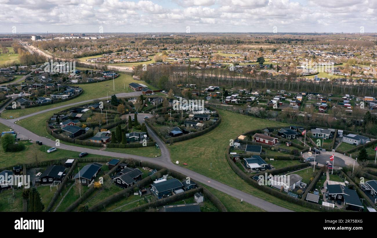 Round Gardens Brondby Haveby, près de Copenhague, exposé en 1960s à un design par l'architecte de paysage Erik Mygind, également connu sous le nom de Brondby Garden City, Brondby, Danemark. Banque D'Images