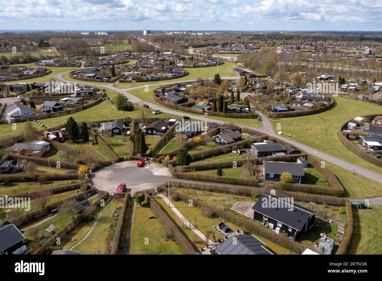 Round Gardens Brondby Haveby, près de Copenhague, exposé en 1960s à un design par l'architecte de paysage Erik Mygind, également connu sous le nom de Brondby Garden City, Brondby, Danemark. Banque D'Images
