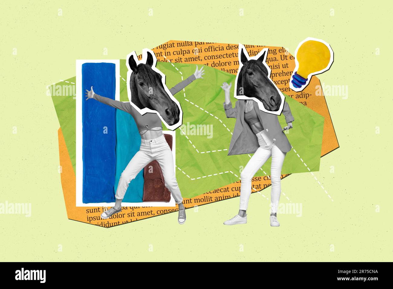 Image de collage de deux couleurs noir blanc filles tête de cheval danse carte de croissance stats ampoule isolée sur fond vert Banque D'Images