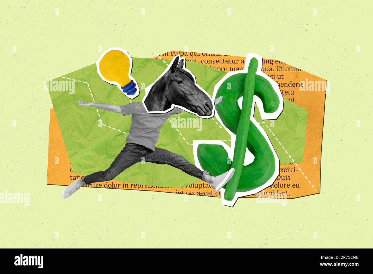 Collage créatif de noir effet blanc mini Guy tête de cheval saut énorme dollar symbole de l'argent ampoule livre morceau de page isolé sur fond vert Banque D'Images