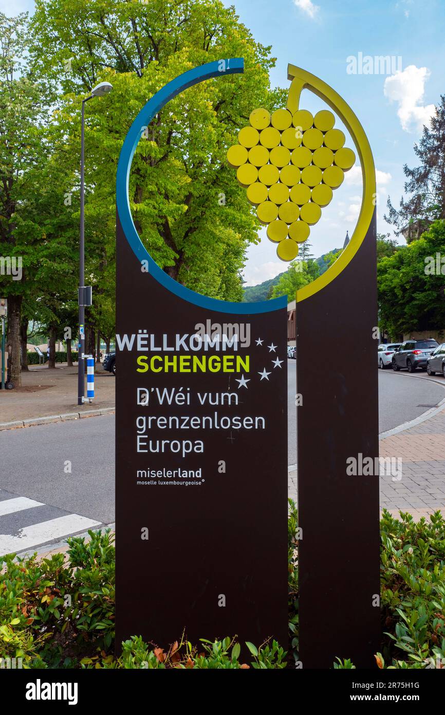Signe de bienvenue dans les pays de Schengen, Moselle, Benelux, Benelux, canton de Remich, Luxembourg Banque D'Images