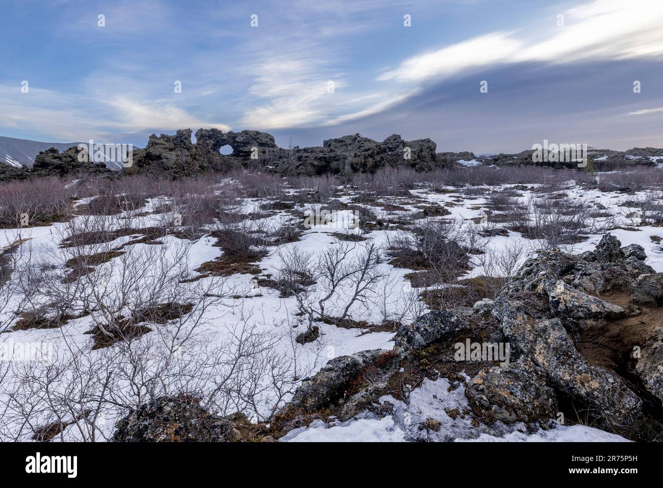 Les formations rocheuses de Dimmuborgir dans le nord de l'Islande près du lac Myvatn Banque D'Images